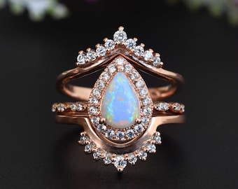 3PCS Australian Opal Pear Engagement Ring,14k Gold Vintage Pear Opal Halo Diamond Engagement ring Set Art Deco Promise ring Anniversary Gift