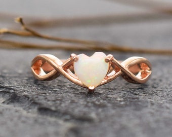 Natural Australian Opal Vintage Ring, Opal Heart Engagement Ring, 14k Rose Gold Opal Ring, Vivid Opal Wedding Ring Women,Infinite Heart Ring