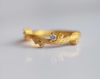 Twig Wedding Band, Tree Branch Ring, Diamond Twig Engagement Ring, 14k Rose Gold Dainty Twig Ring, Rustic Vine Wedding Ring, Woodland Bridal