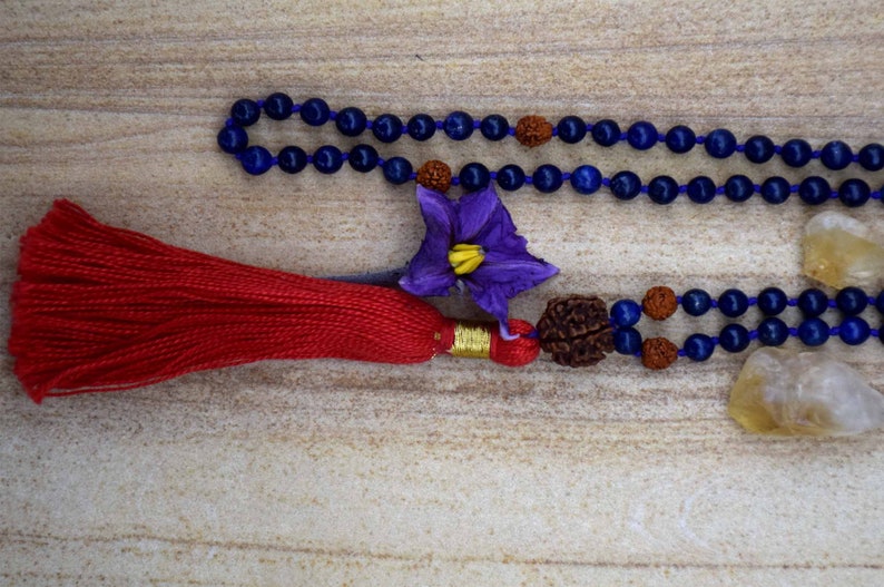 Natural Lapiz Lazuli Hand Carved Crystal Rudraksha Pendant Hand Knotted mala long tassel beaded necklace prayer mala beads 108 guru bead