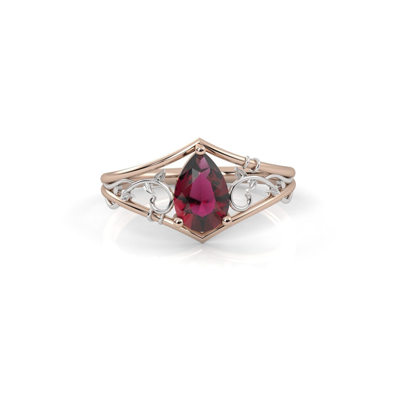 Natural Red Garnet Pear Engagement Ring, 14k Garnet Leaf and Branches Ring, Twig Ring, Nature Inspired Ring, January Ring, Garnet Boho Ring