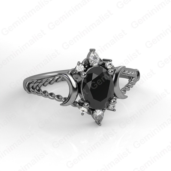 Gothic Black Onyx Engagement Ring, Triple Moon Goddess Ring,Witchy Whimsigoth Wedding Ring,Wiccan Pagan Necromancer Ring Occult Gift For Her