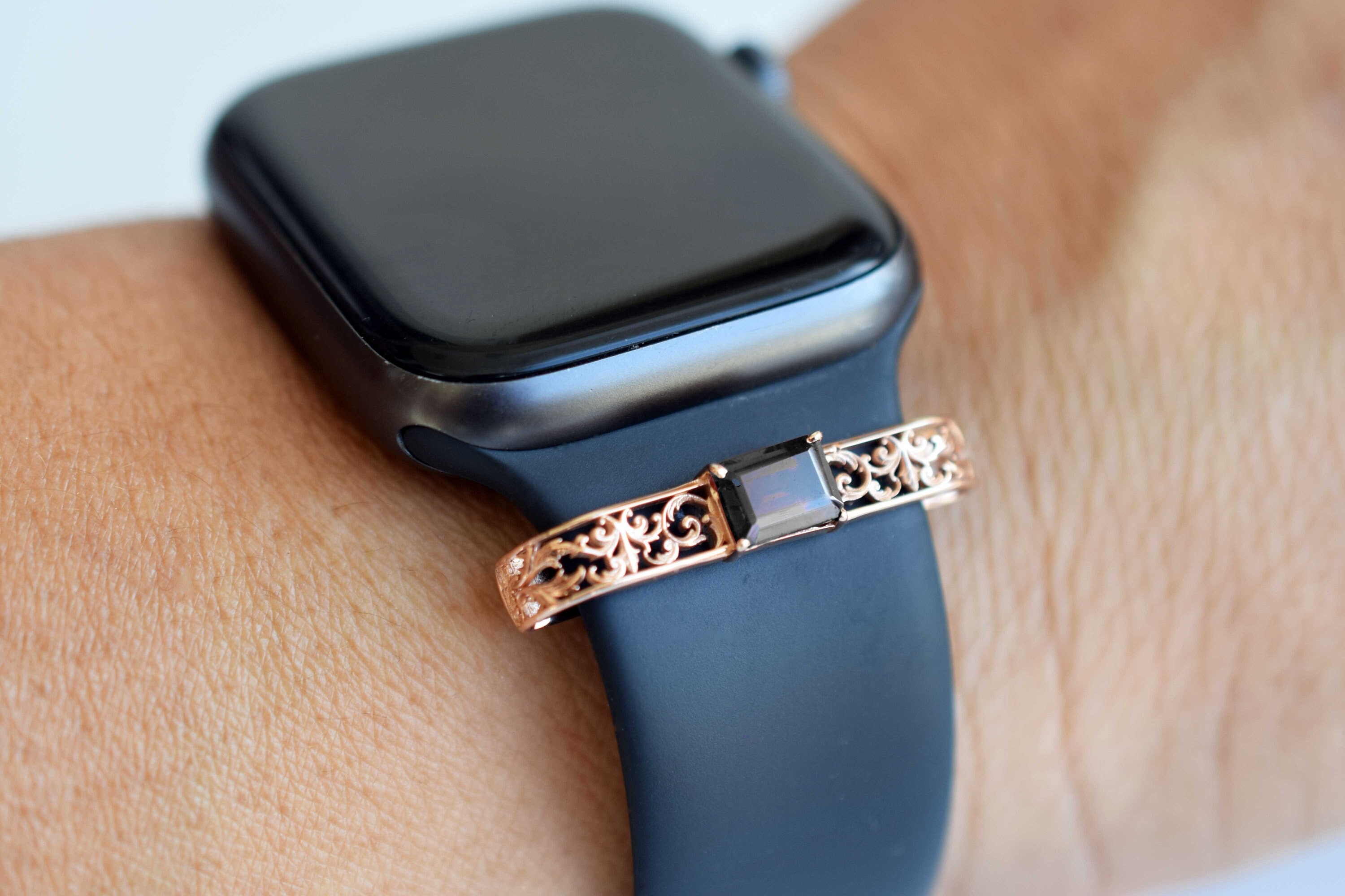 Abalorios para relojes inteligentes, correa de plata de ley para Apple Watch, joyería de cuarzo ahumado, pulsera con abalorio para reloj inteligente,