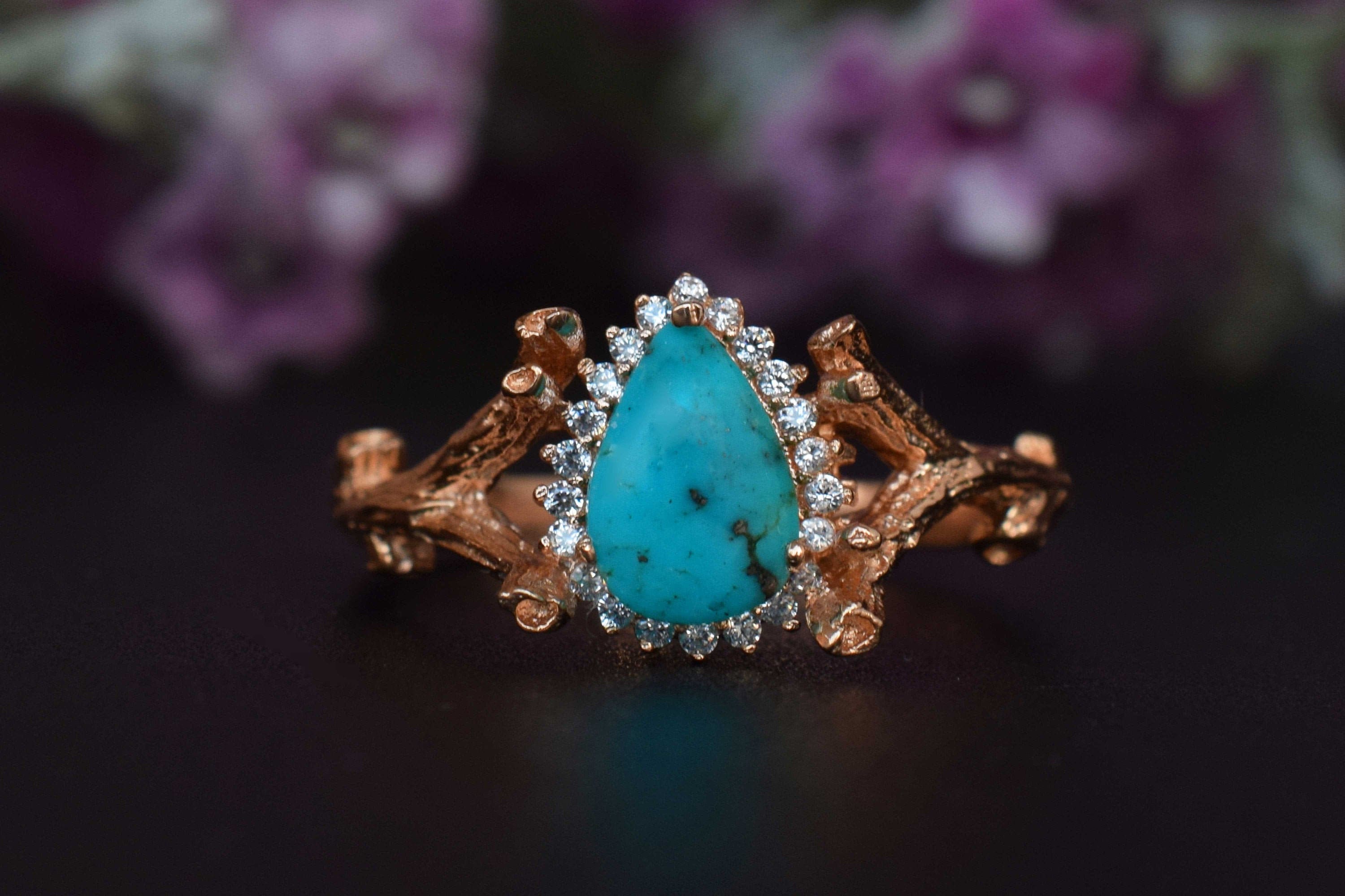 Natural Turquoise Pear Engagement Ring Twig Ring 14k Gold Etsy