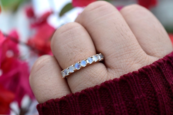 Natural Moonstone Half Eternity Band Blue Moonstone Ring Engagement Ring Rainbow Moonstone Wedding Band Dainty Promise Ring Stacking Band Etsy