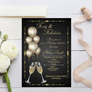 40th Birthday Invitation for Women, Forty and Fabulous Invitation, 30th 50th 60th 70th 80th 90th Any Age, black and gold invitation, Digital