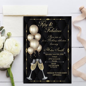 Convite de 50º aniversário para mulheres, convite cinquenta e fabuloso, 30º 40º 60º 70º 80º 90º qualquer idade, convite preto e dourado, digital