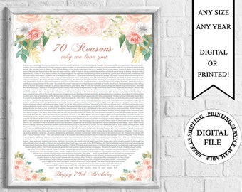 70 Reasons Why We Love You, 70 Birthday Poster, 70 Years Ago, Birthday Printable Sign, 70 Things We Love About You, 50 Reasons We Love You