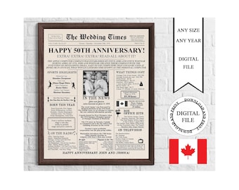 Personalized Canadian Newspaper Anniversary Poster (Digital Download), 50 Years Ago Back In 1976, Canada 50th Wedding Poster Printable Gift