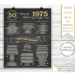50th Birthday Gifts Instant Download, Back in 1975, 1975 Birthday Poster, 50 Years Ago In 1975, Birthday Chalkboard, 50th Birthday Sign