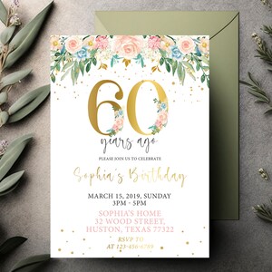 60th Birthday Invitation for Women, Sixty and Fabulous Invitation, 60 Birthday Invitation Floral, Blush Rose Gold Floral Birthday Party