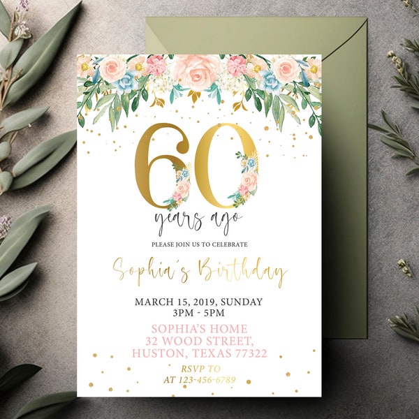 60. Geburtstag Einladung für Frauen, Sechzig und Fabelhafte Einladung, 60 Geburtstag Einladung Floral, Blush Rose Gold Floral Geburtstagsparty