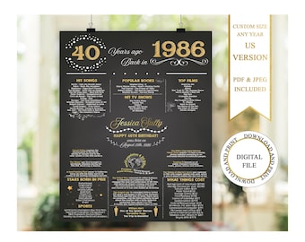 40th Birthday Poster, 40th Birthday Chalkboard, 1986 Birthday Poster, 1986 Birthday Facts, Back in 1986, 40th Birthday Gift, Black And Gold