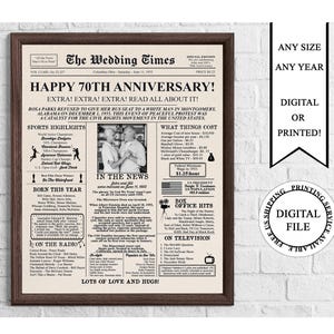 Póster de aniversario de periódico personalizado con foto, letrero de aniversario de 1955, hace 70 años en 1955, regalos para padres por el 70.° aniversario de bodas