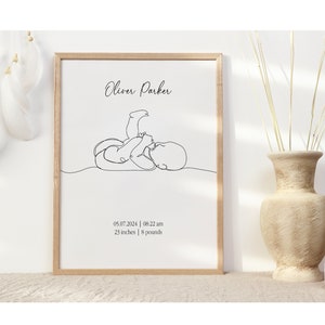 Póster de arte de línea de nacimiento personalizado, impresión digital personalizada para bebés, impresión minimalista de anuncio de nacimiento, arte de línea para recién nacidos, contorno de bebé recién nacido
