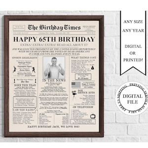 Póster de cumpleaños personalizado en forma de periódico con foto, cartel personalizado para el 65.° cumpleaños, póster de cumpleaños de 1960, en 1960, regalo para el 65.° cumpleaños