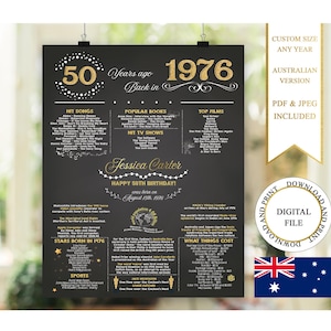 Australian 50th Birthday Chalkboard Poster, Facts Back in 1976 (Digital Download), 50th Birthday Poster, Personalized 50th Birthday Gift