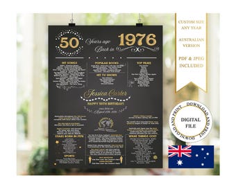 Australian 50th Birthday Chalkboard Poster, Facts Back in 1976 (Digital Download), 50th Birthday Poster, Personalized 50th Birthday Gift