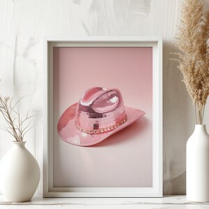Cowgirl Hat Disco Ball Poster, Girl Dorm Wall Art, Country Western Aesthetic, Preppy Girl Western Art, Pink Cowgirl Hat, Vintage Retro Art