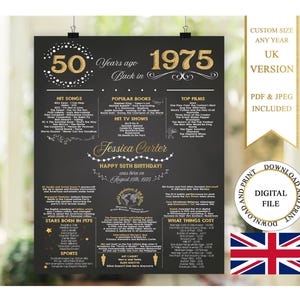 Póster imprimible del 50.º cumpleaños británico, versión del Reino Unido de 1975, pizarra del 50.º cumpleaños, póster de cumpleaños de 1975, en 1975, regalo del 50.º cumpleaños