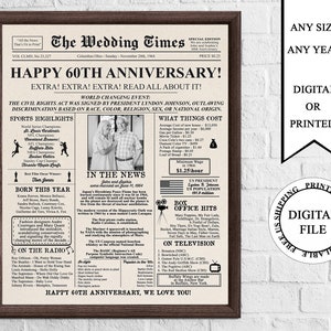Personalized Newspaper Anniversary Poster with Photo, 1964 Anniversary Sign, 60 Years Ago In 1964, 60th Wedding Anniversary Gifts Parents image 1