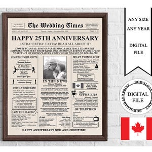 カナダのパーソナライズされた新聞記念ポスター（写真付き）、2000年記念サイン、25年前の2000年、カナダ25周年結婚記念日