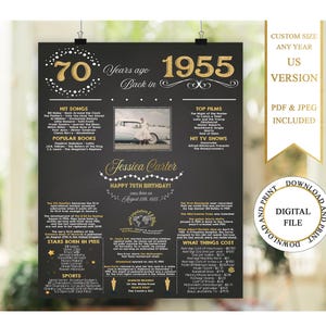 70th Birthday Poster with Photo 70th Birthday Chalkboard 1955 Birthday Sign 1955 Birthday Facts Back in 1955 70th Birthday Gift