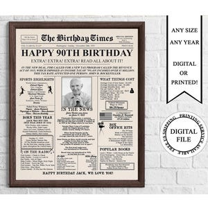 Póster de cumpleaños personalizado en papel con foto, cartel imprimible para el 90.° cumpleaños, póster de cumpleaños de 1935, en 1935, regalo para el 90.° cumpleaños