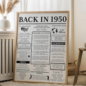 Back in 1950 Instant Download, Black and White Poster, 75th Birthday Printable Sign, 1950 Anniversary Poster, 75 Years Ago Back In 1950