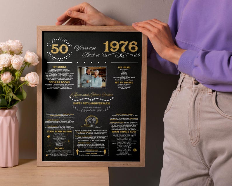 May include: A framed black poster with gold text and graphics commemorating a 50th anniversary from 1976. It features a central photograph of a couple, lists of hit songs, films, TV shows, popular books, and historical facts from that year.