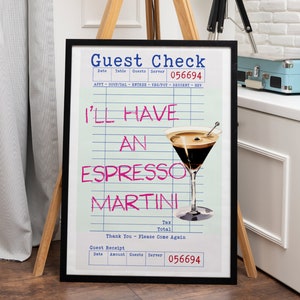Espresso Martini Digital Print, Guest Check Vintage Espresso Martini, Bar Cart Art Print, Kitchen Retro Wall Art, Retro Cocktails Poster