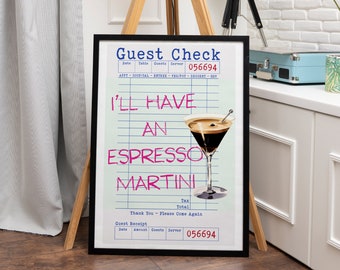 Digitalt tryck med espresso Martini, gästcheck vintage espresso martini, konsttryck med barvagn, retro väggkonst för kök, retro cocktails affisch