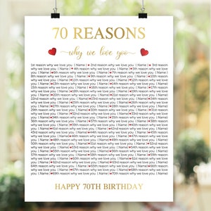 70 razones por las que te amamos, póster de 70 cumpleaños, hace 70 años, letrero imprimible de cumpleaños, 70 cosas que amamos de ti, póster de 70 cumpleaños
