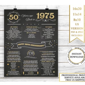 50周年記念ギフトの即時ダウンロード、1975年記念ポスター、1975年の50年前、記念黒板、結婚50周年