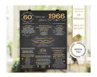 Personalized 60th Birthday Poster (Digital Download), 1966 Birthday Poster, Flashback to 1966 Year, 60th Birthday Gift, Black And Gold