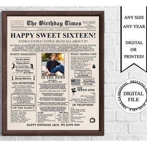 Cartaz de aniversário de jornal personalizado com foto, placa de aniversário de 16 anos personalizada, cartaz de aniversário de 2009, de volta em 2009, cartaz de dezesseis anos