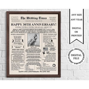 Pôster personalizado de aniversário de casamento com foto, estilo jornal, para comemorar 30 anos de casamento (download digital), 30 anos atrás em 1996, pôster para imprimir para o 30º aniversário de casamento.
