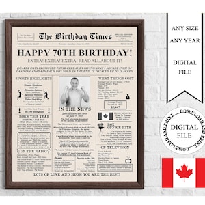 Póster de cumpleaños de periódico canadiense con foto, cartel imprimible de 70.° cumpleaños, hace 70 años en 1955, regalo de 70.° cumpleaños en Canadá en 1955