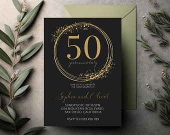 50th Anniversary Invitation Printable, Black and Gold Invitation, Elegant Anniversary Invite, Wedding Anniversary Phone Electronic Invite