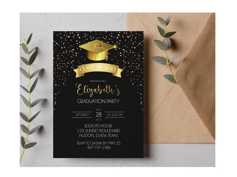 Graduation Party Invitation, Grad Invites, Black and Gold Graduation ...