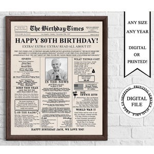 Póster de cumpleaños personalizado en papel con foto, cartel imprimible para el 80.° cumpleaños, póster de cumpleaños de 1945, en 1945, regalo para el 80.° cumpleaños