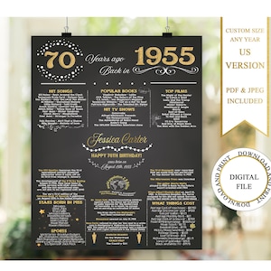 Póster de 70 cumpleaños, pizarra de 70 cumpleaños, póster de cumpleaños de 1955, datos sobre el cumpleaños de 1955, en 1955, regalo de 70 cumpleaños, negro y dorado