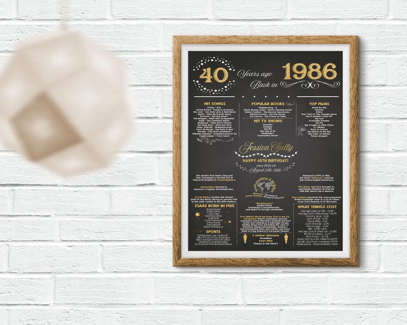 May include: A framed black and gold print celebrating a 40th birthday, with the year 1986 prominently displayed. The print includes lists of hit songs, popular books, and top films from that year, along with the name "Jessica Sully".