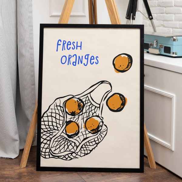 Oranges in Bag Retro Print, Aesthetic Printable Poster, Mid Century Kitchen Wall Art, Trendy Wall Art, Bar Cart Art, Cute Kitchen Print