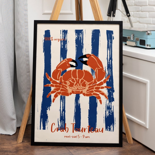 French Crab Retro Print, Aesthetic Printable Poster, Seafood Wall Art, Trendy Wall Art, Vintage Food Print, Retro Food Print, Crab Tourteau