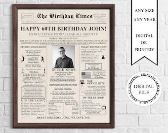 Personalized Newspaper Birthday Poster with Photo, Personalized 60th Birthday Sign, 1964 Birthday Poster, Back in 1964, 60th Birthday Gift