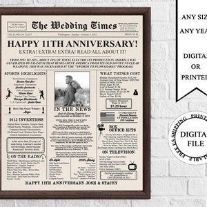 Personalized Newspaper Anniversary Poster with Photo, 11th Wedding Sign, Wedding Anniversary, Back in 2013, Married in 2013, Wedding Gift