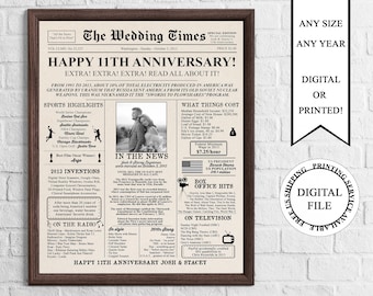 Personalized Newspaper Anniversary Poster with Photo, 11th Wedding Sign, Wedding Anniversary, Back in 2013, Married in 2013, Wedding Gift