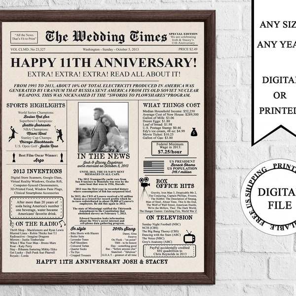 Personalized Newspaper Anniversary Poster with Photo, 11th Wedding Sign, Wedding Anniversary, Back in 2013, Married in 2013, Wedding Gift