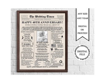 パーソナライズされた新聞記念日ポスター写真、40周年結婚（デジタルダウンロード）、1986年記念日ボード印刷可能、40年前の1986年